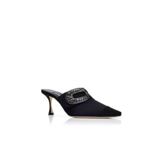 TULA Black Satin Jewel Embellished Buckle Mules