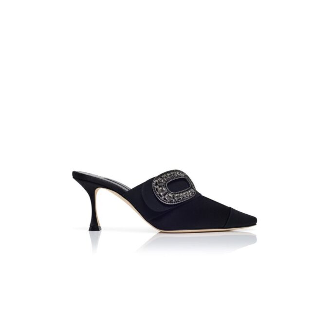TULA Black Satin Jewel Embellished Buckle Mules
