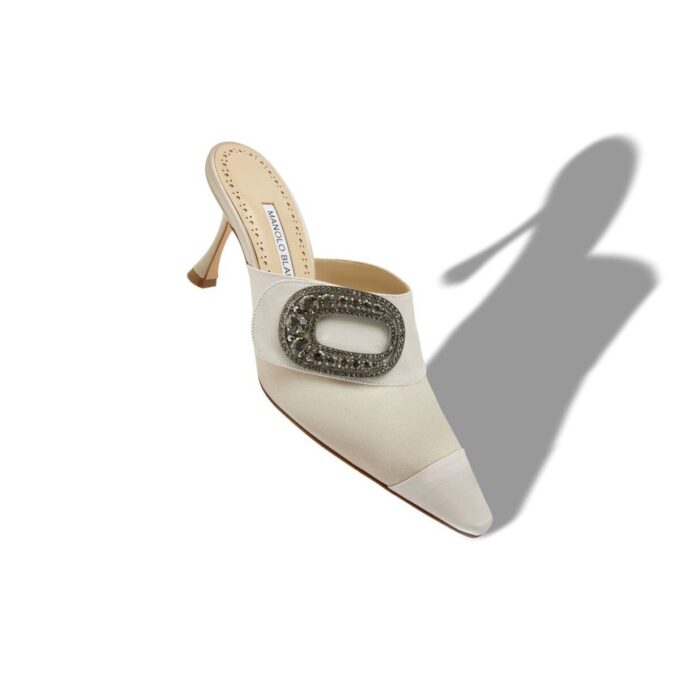 TULA Light Beige Satin Jewel Embellished Buckle Mules