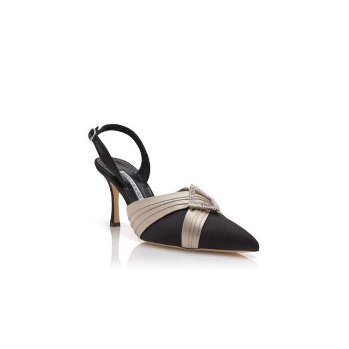 VIERASLI Black Satin Pleated Detail Slingback Pumps