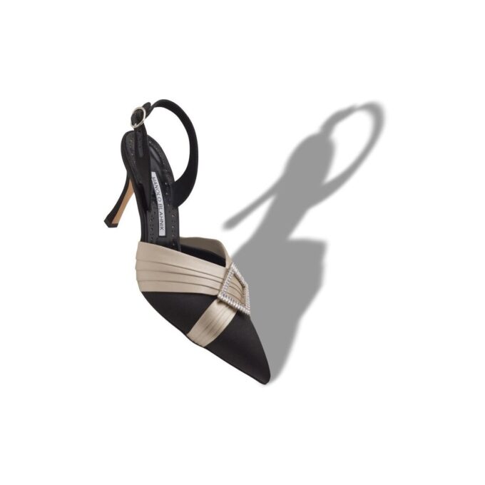 VIERASLI Black Satin Pleated Detail Slingback Pumps