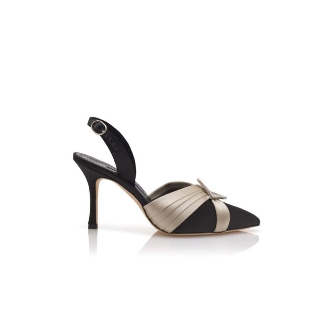 VIERASLI Black Satin Pleated Detail Slingback Pumps