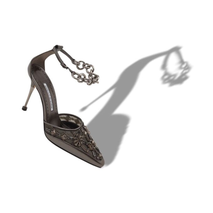 YAKE Graphite Nappa Leather Jewel Embellished Ankle Strap Pumps