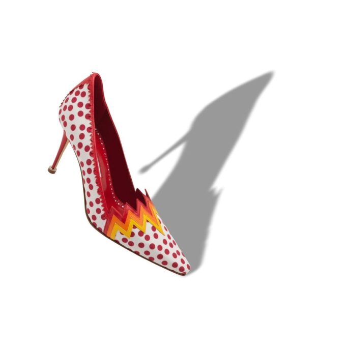YQUEM Red and White Linen Polka Dot Pumps
